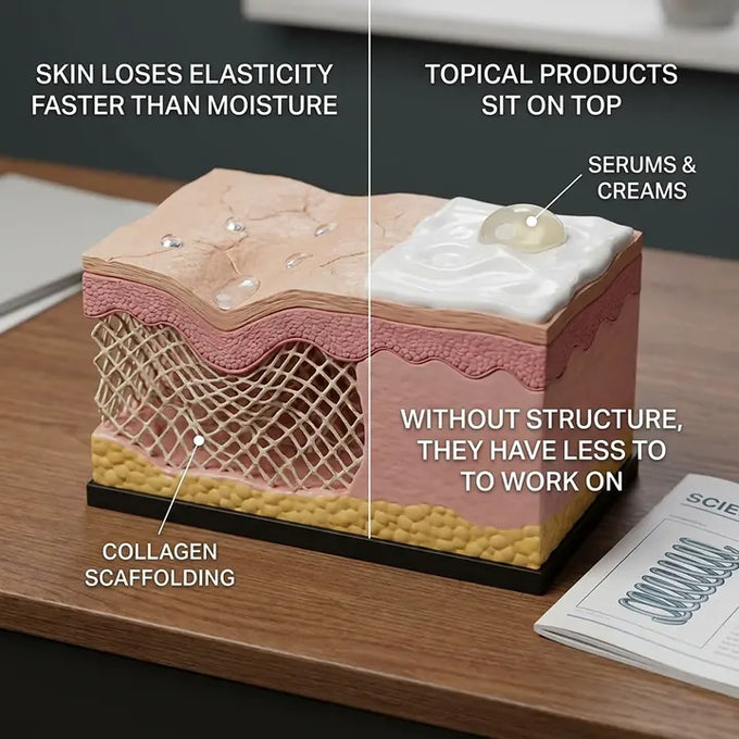 Skin cross-section showing collagen scaffolding vs topical serums sitting on top