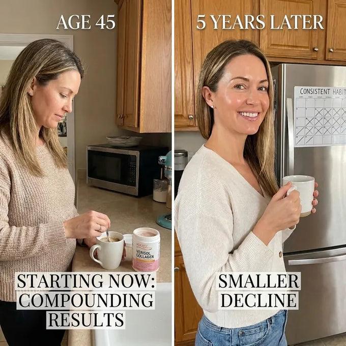 Age 45 vs 5 years later: compounding collagen results