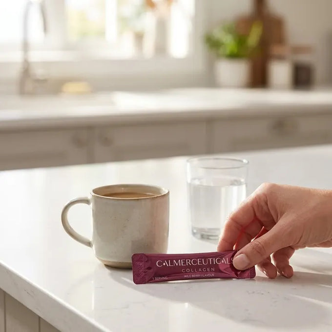 One collagen sachet next to a coffee cup on a kitchen counter